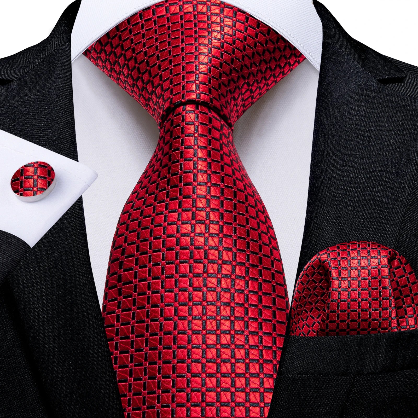 Red  Solid Striped Paisley Neckties Hanky Cufflinks Set For Men