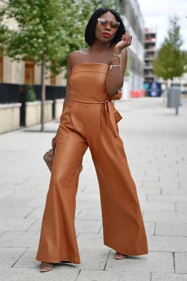 Sexy Solid Color Sleeveless Wide Leg Artificial Leather Jumpsuit