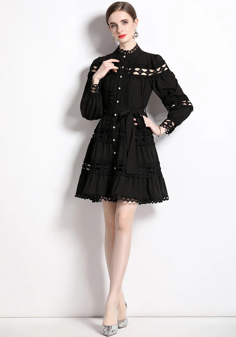 Spring and Autumn Fashion Hollow Out Embroidery Lace Trim Stand Collar Single Breasted Dresses