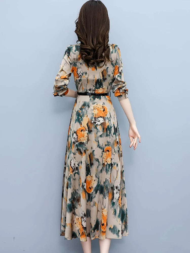 2024 Spring Autumn Floral Acetate Satin Casual Long Dress