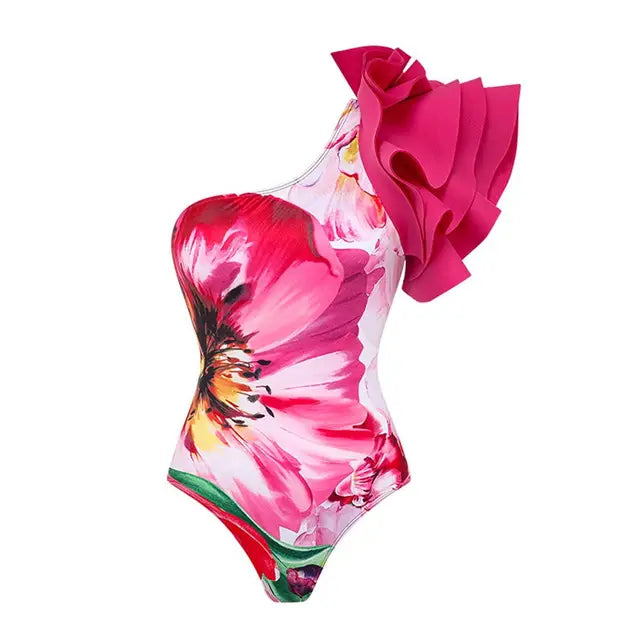 2024 Floral Print Shoulder Ruffle One Piece Swimsuit With Cover Up