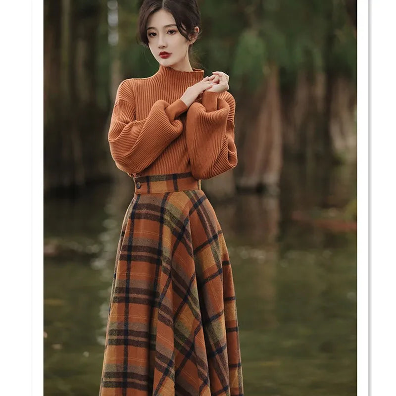 Spring Autumn Vintage Plaid Long Skirts Sweater Two-Piece Set F