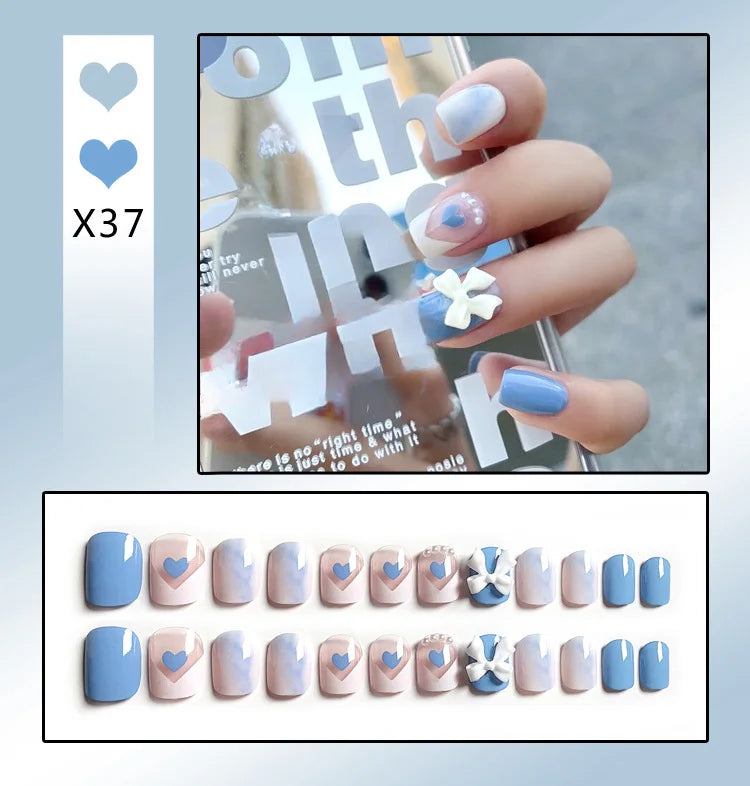 24Pcs French With Drill Short Fake Nails Press On Nail Tips