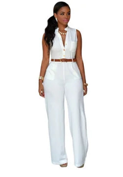 Sleeveless Single Breasted Button High Waist Wide Leg Jumpsuit