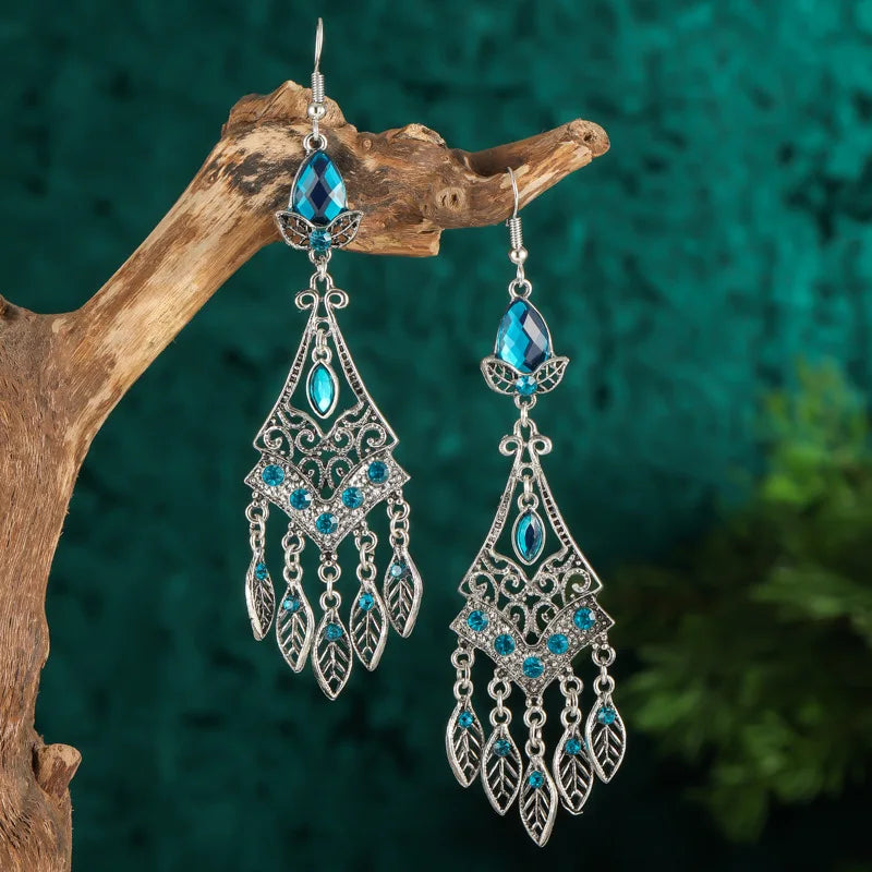 Bohemian Ethnic Long Blue Acrylic Crystal Water Drop Earrings