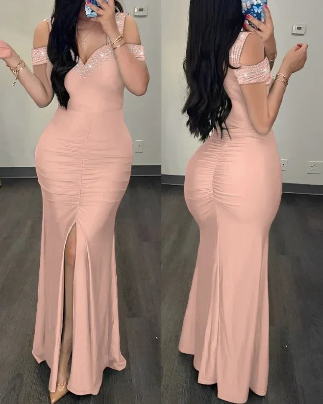 Fashion Rhinestone Cold Shoulder Slit Ruched Party Elegant Long Bodycon Dress