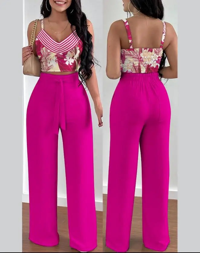 V-Neck Sleeveless Shirred Crop Top & Pocket Design Elegant Work Lady Wide Leg Pants Set