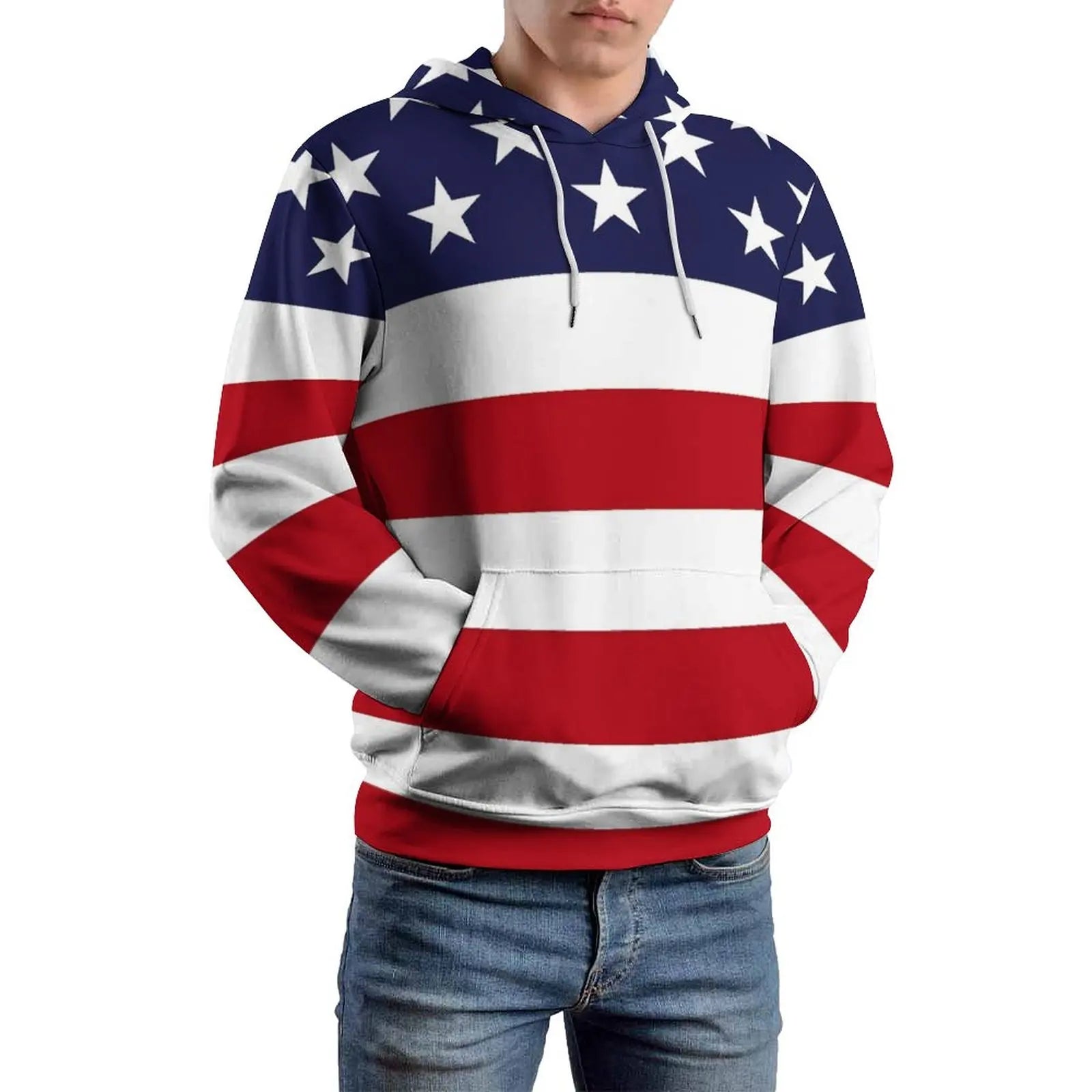 American Flag Hoodies White Stars Print Classic