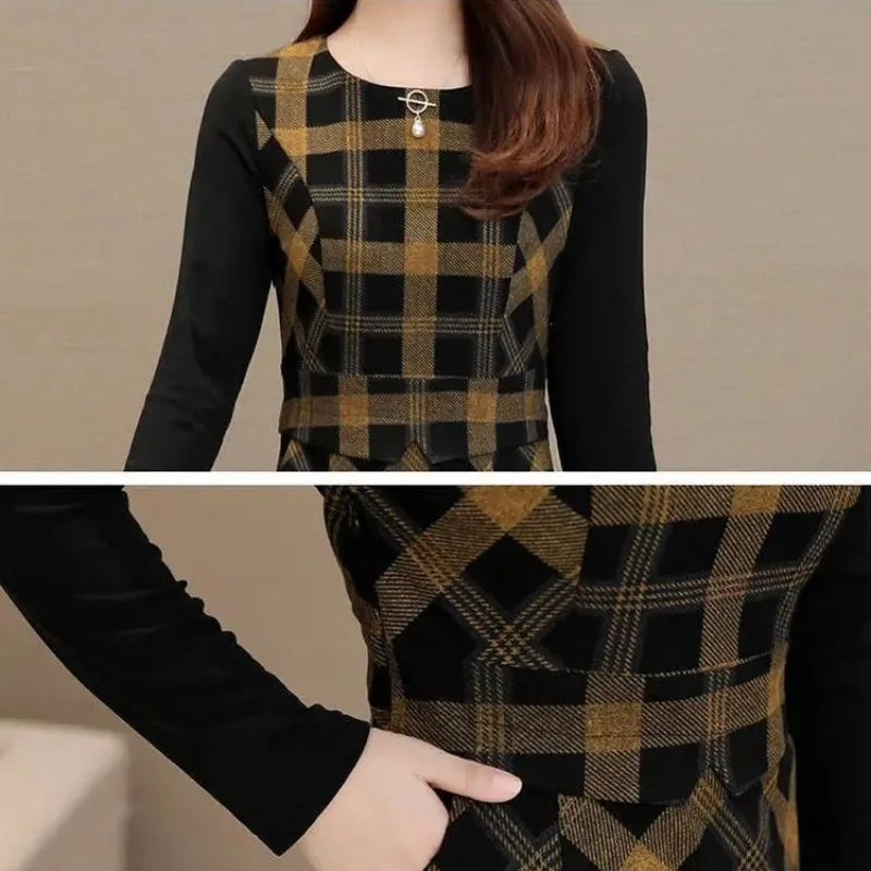 Spring and Autumn Round Neck Long Sleeve Panel Plaid Pockets Slim Midi Dress