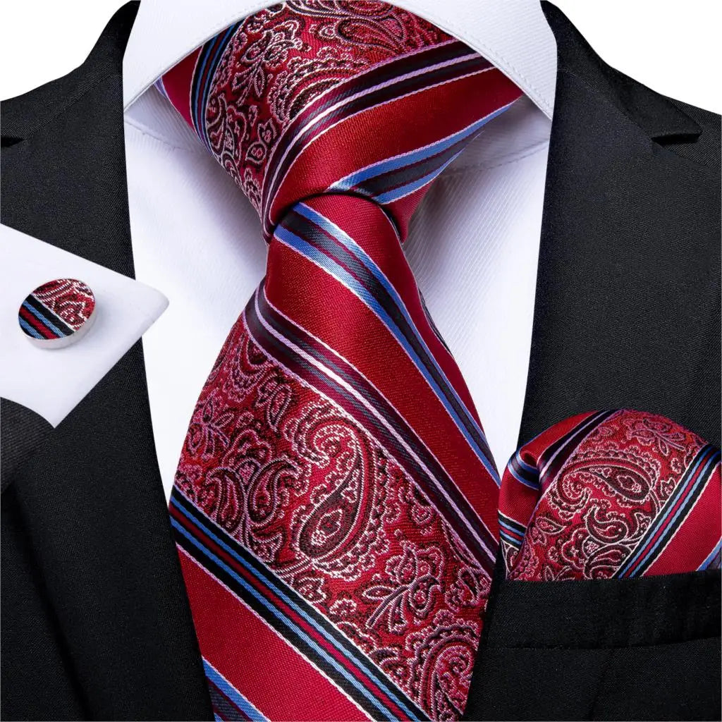 Red  Solid Striped Paisley Neckties Hanky Cufflinks Set For Men