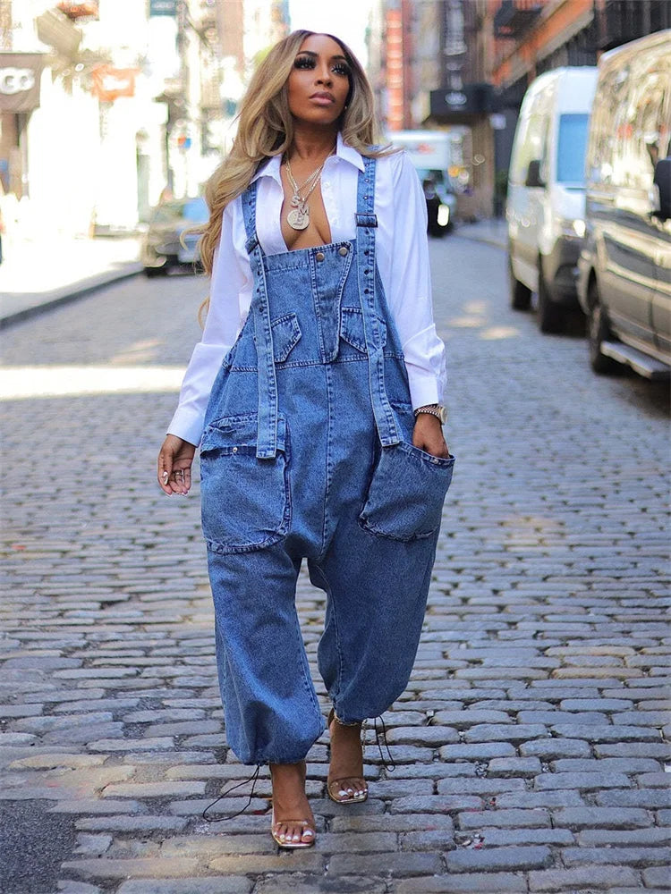 Women Denim Cargo Pants Wide Leg Pockets Casual Cool Fashion Street Wear Romper