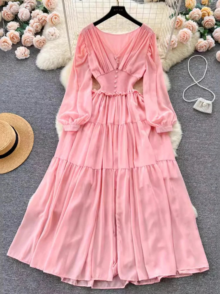 Vintage Chiffon  Elegant V-neck Long Sleeved Casual Dresses