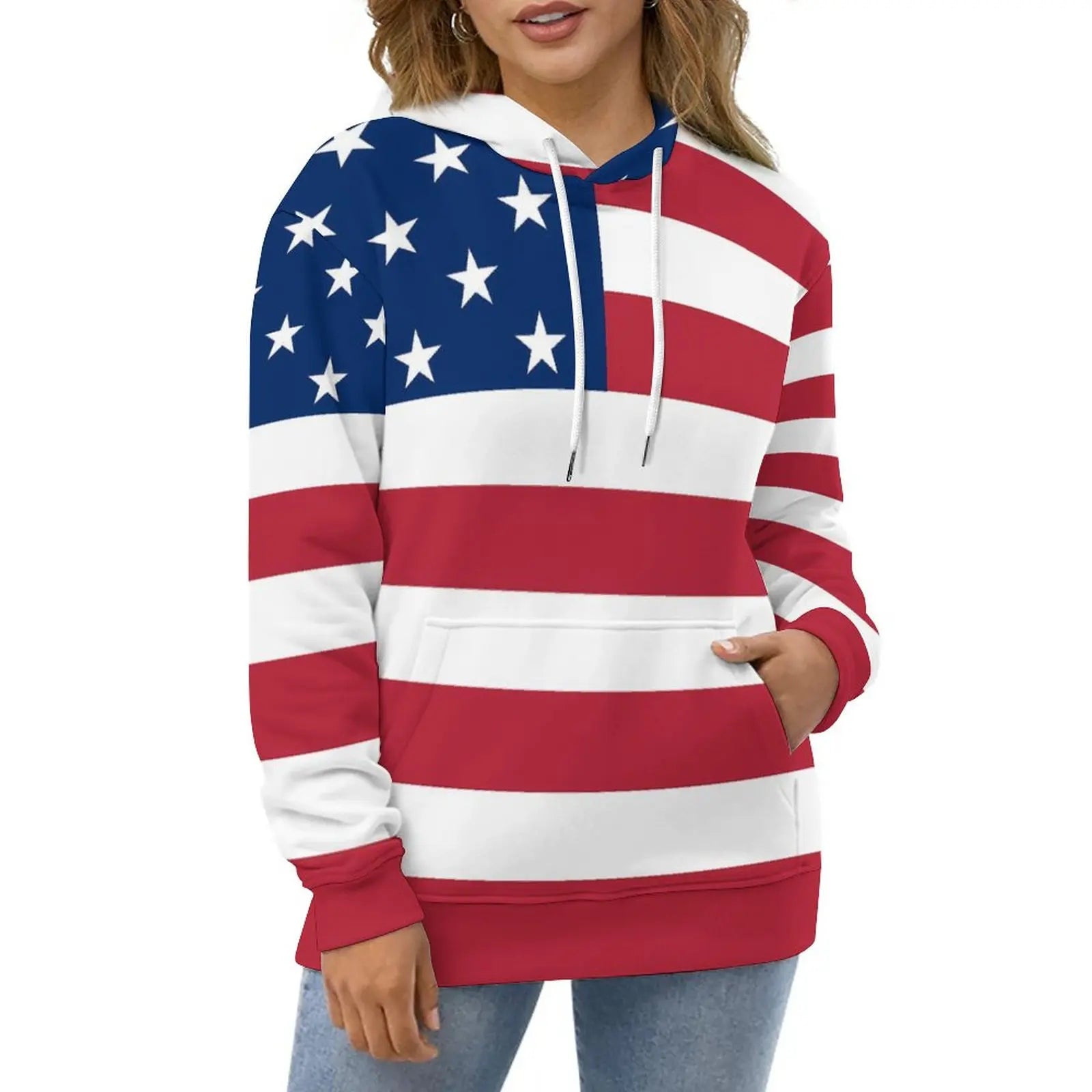 American Flag Hoodies White Stars Print Classic