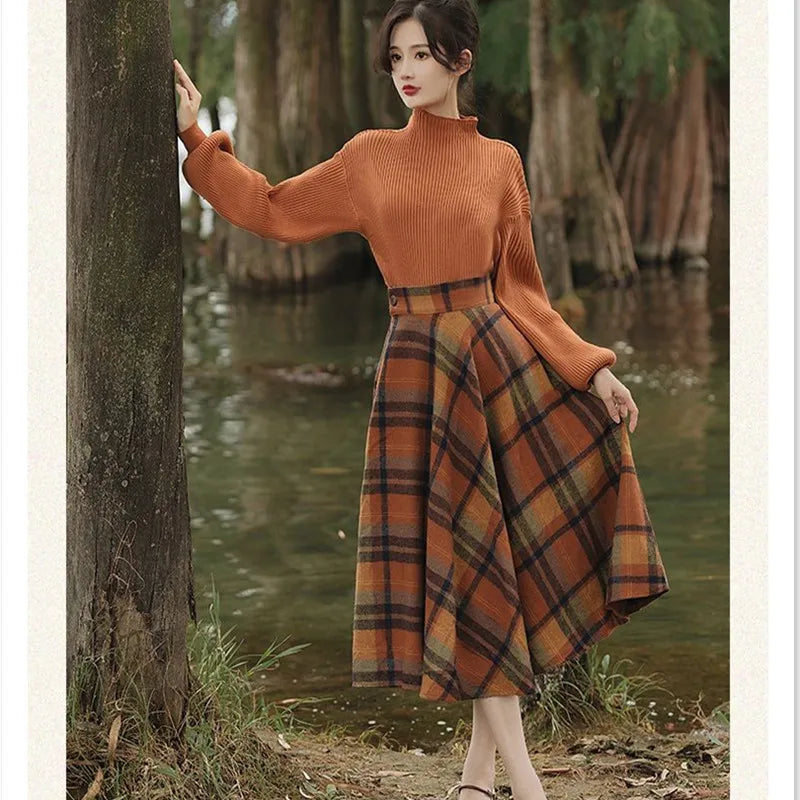 Spring Autumn Vintage Plaid Long Skirts Sweater Two-Piece Set F