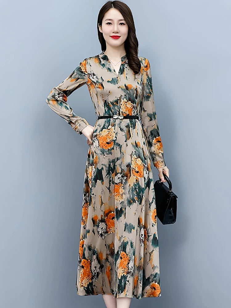 2024 Spring Autumn Floral Acetate Satin Casual Long Dress