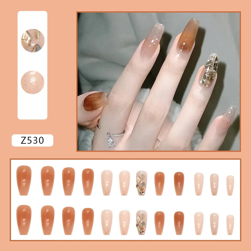 24pcs Artifical Nails Fake Wearable Nail Tips With Small Diamonds