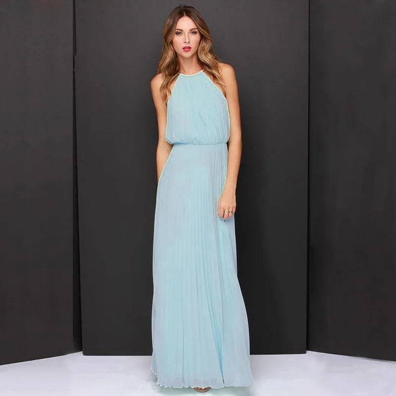 Summer Sexy  Sleeveless Elegant Casual Pleated Chiffon Maxi Dress