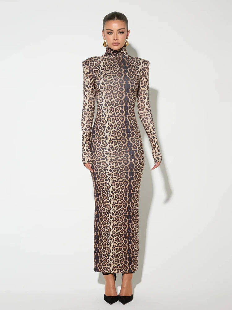 Autumn Winter Fashion Elegant Turtleneck Leopard Print Long Sleeve Sexy Maxi Dress