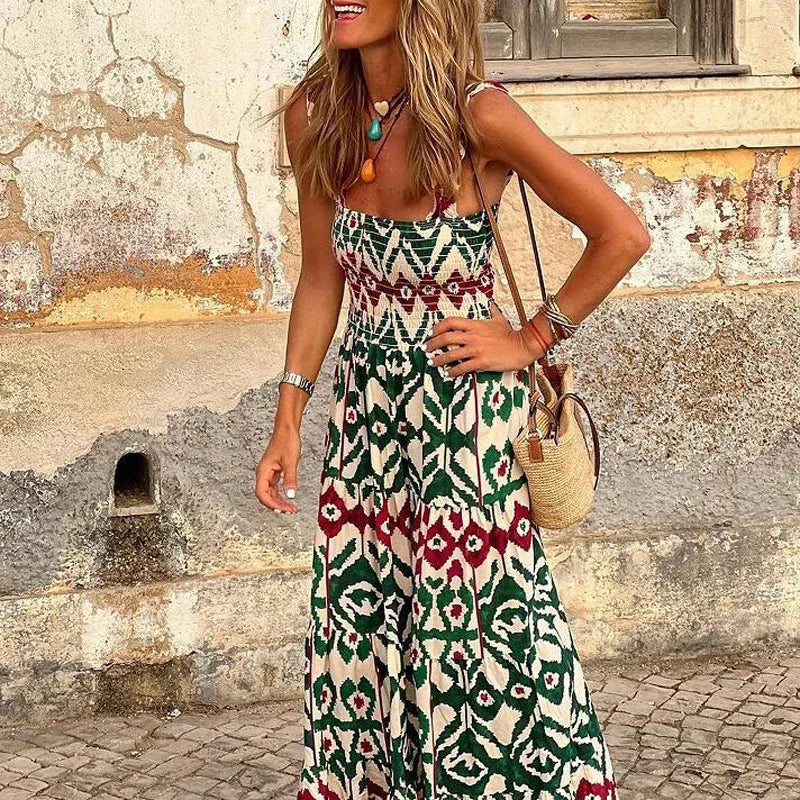 2024 Boho Print Casual Cool Loose Sleeveless Beach Long Dress