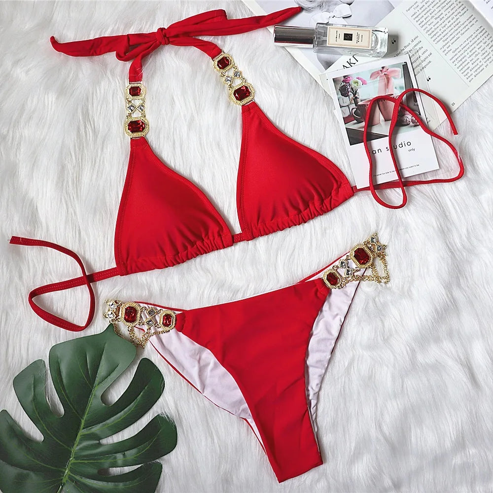 Rhinestone SCrystal Diamond Bikini Set Halter Bandage Lace-up Swimwear