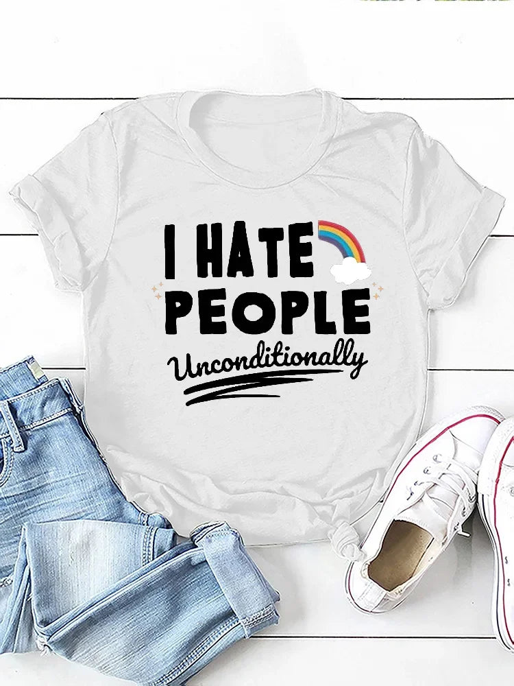 I Hate People Rainbow Print Women  Short Sleeve O Neck T Shirt