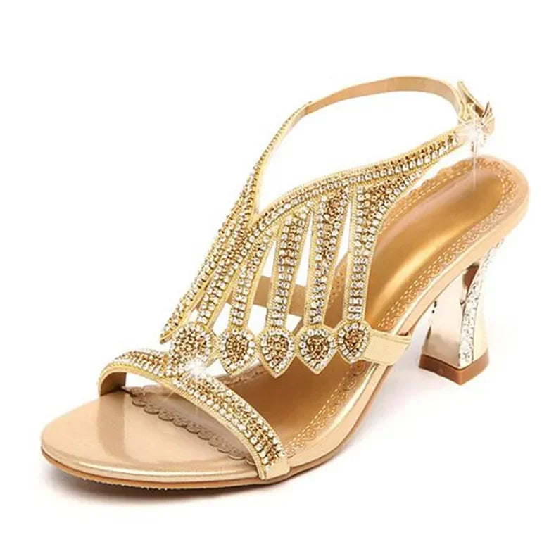 Summer Style Gold Coloured Rhinestone  High Heeled Sandals