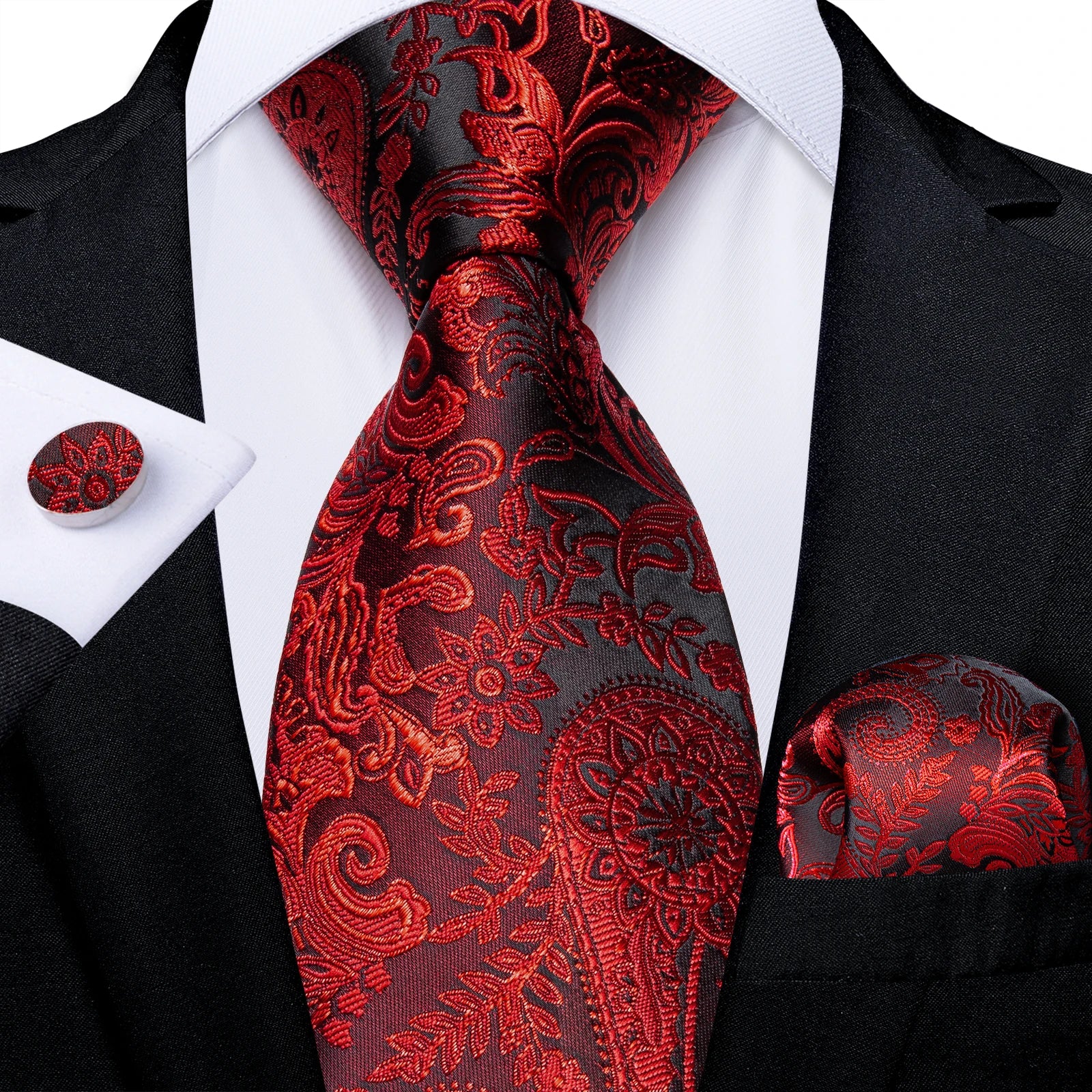 Red  Solid Striped Paisley Neckties Hanky Cufflinks Set For Men