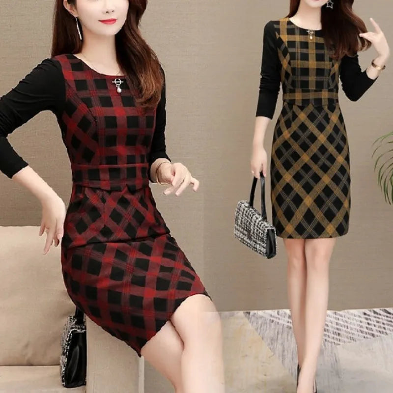 Spring and Autumn Round Neck Long Sleeve Panel Plaid Pockets Slim Midi Dress