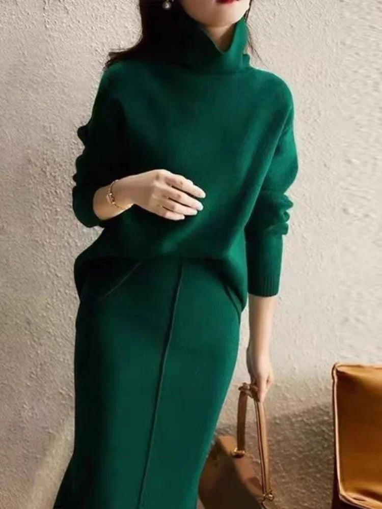 Autumn High Neck Knit Loose Sweater Skirt Sets