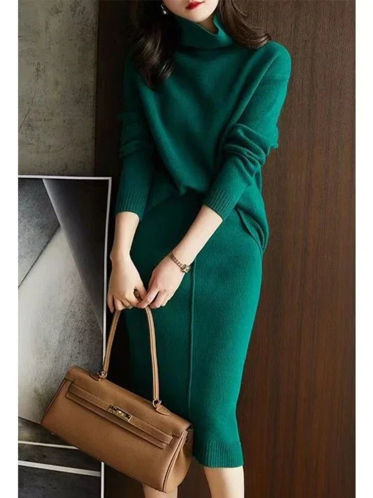 Autumn High Neck Knit Loose Sweater Skirt Sets