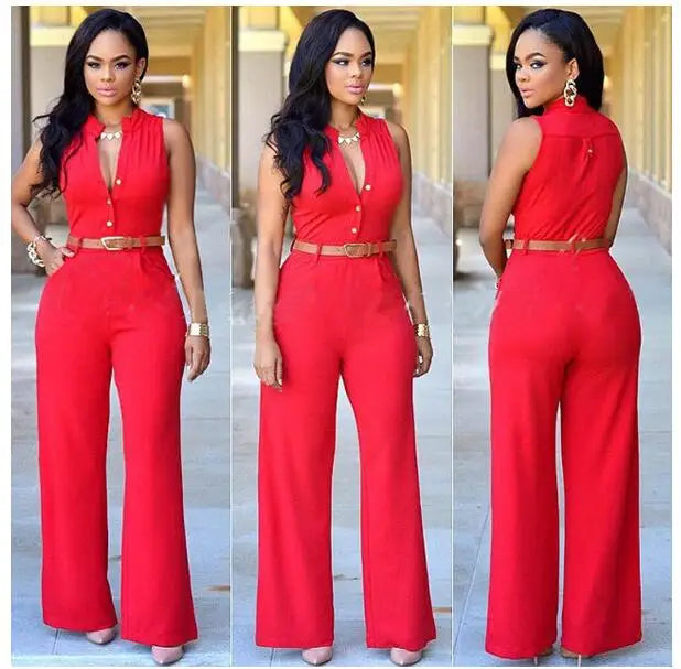 Sleeveless Single Breasted Button High Waist Wide Leg Jumpsuit