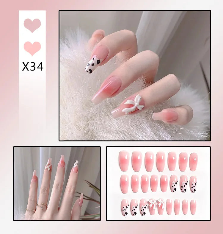 24Pcs French With Drill Short Fake Nails Press On Nail Tips