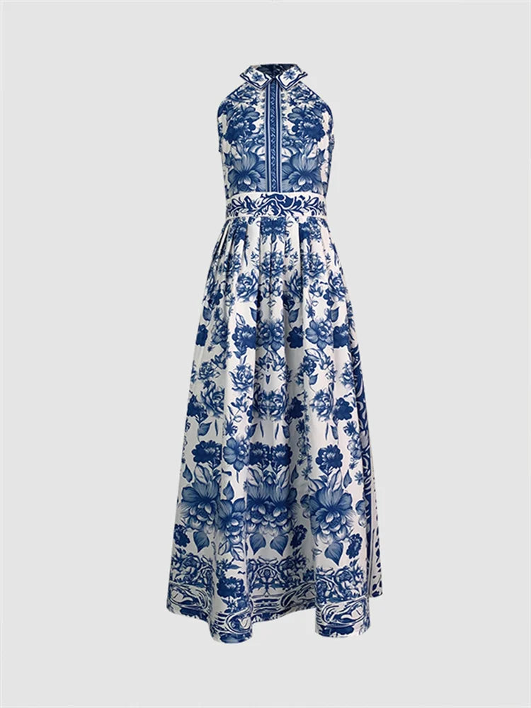 2024 Summer Sleeveless Vintage Blue Flower Printed Lapel A-Line Dress