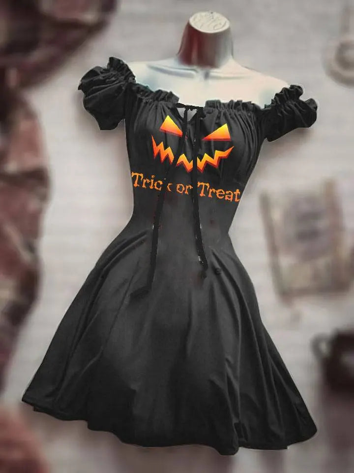 Summer New 3D Printed Mid Waist Scary Halloween Skull Head Pulled Sleeves and Drawstring Dress