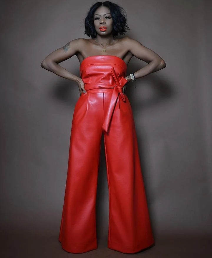 Sexy Solid Color Sleeveless Wide Leg Artificial Leather Jumpsuit