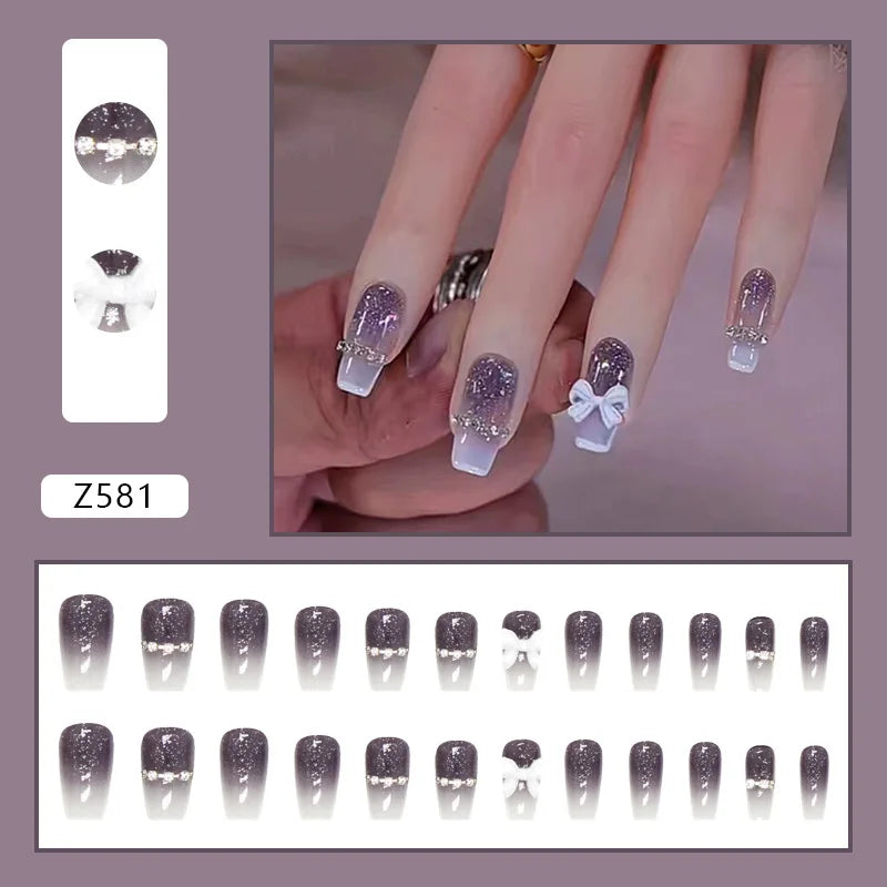 24pcs Artifical Nails Fake Wearable Nail Tips With Small Diamonds