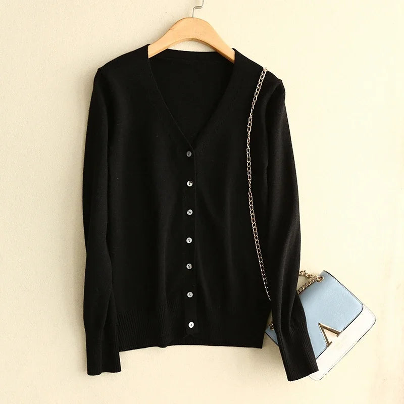 Spring Autumn  Single Breasted V-neck Solid Knitted Cardigans Sweater