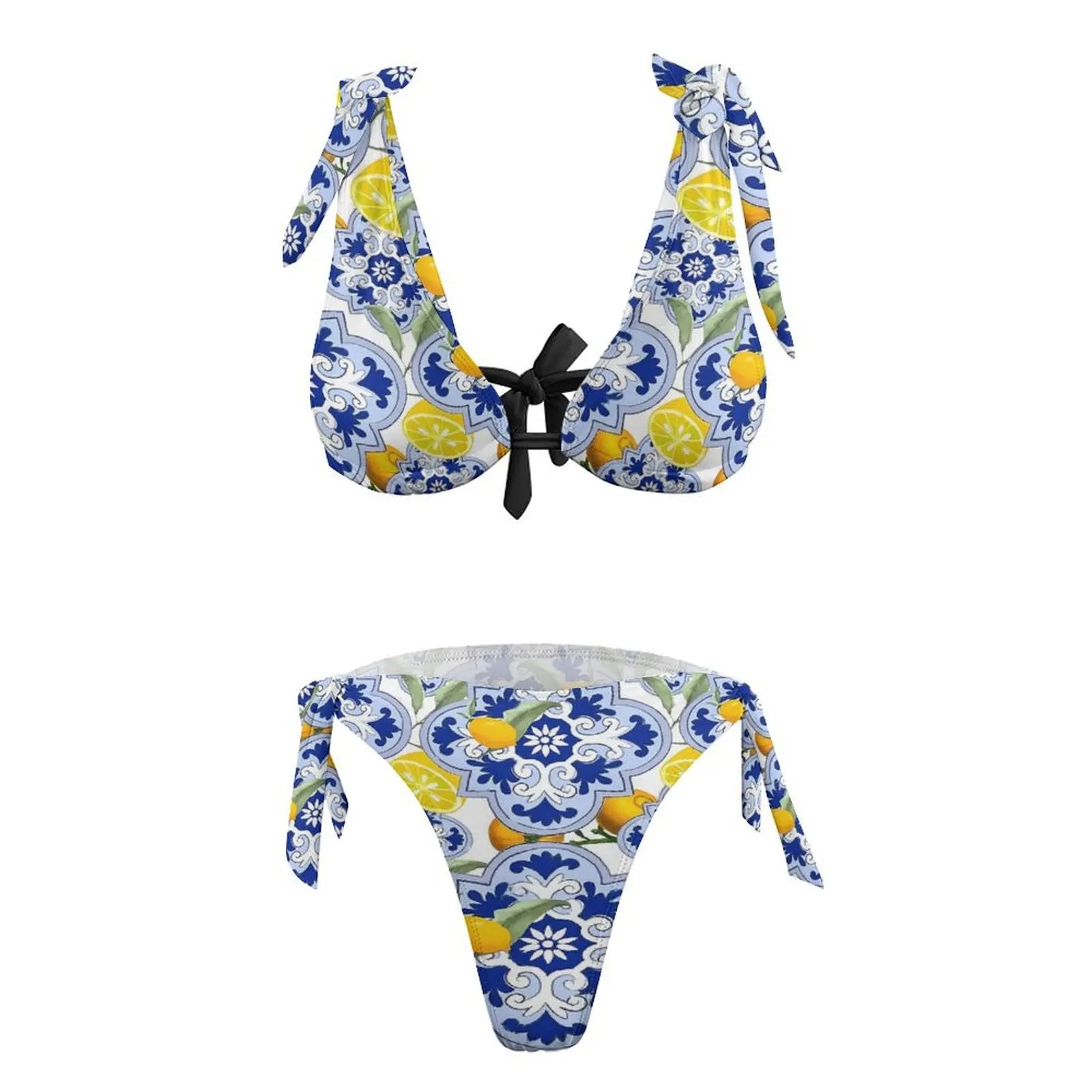 Sexy Vintage Blue Flower Bikini Set Lemon Fruit Print Bikini