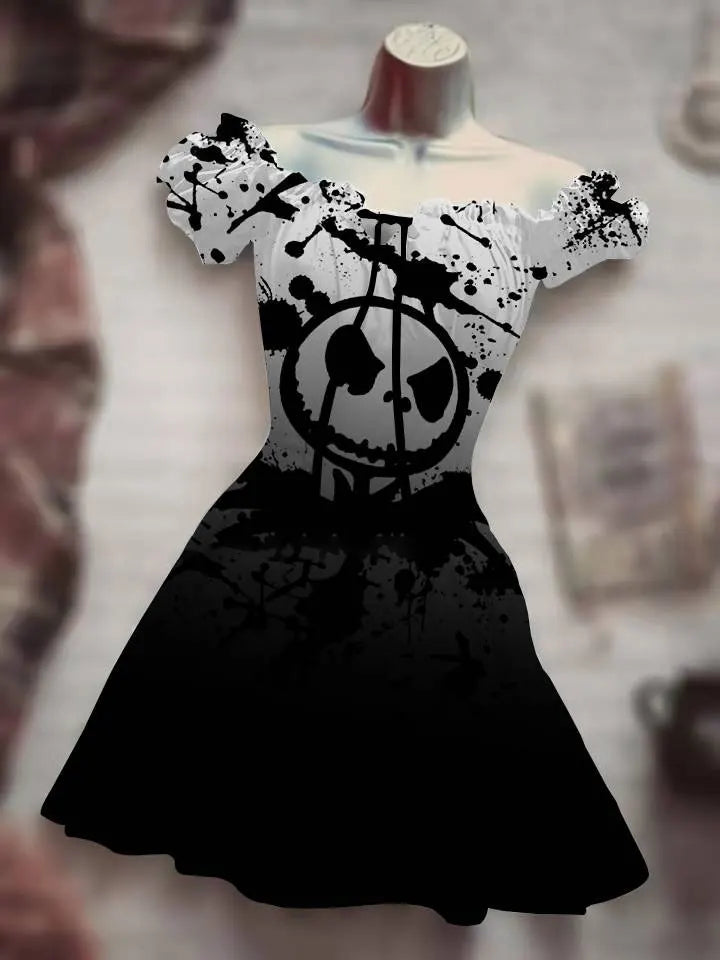 Summer 3D Print Horror Skull White Light Halloween Dress