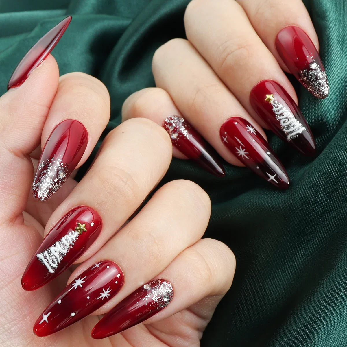 10pcs Christmas Red Glossy Handmade Long Press on Fake Nail