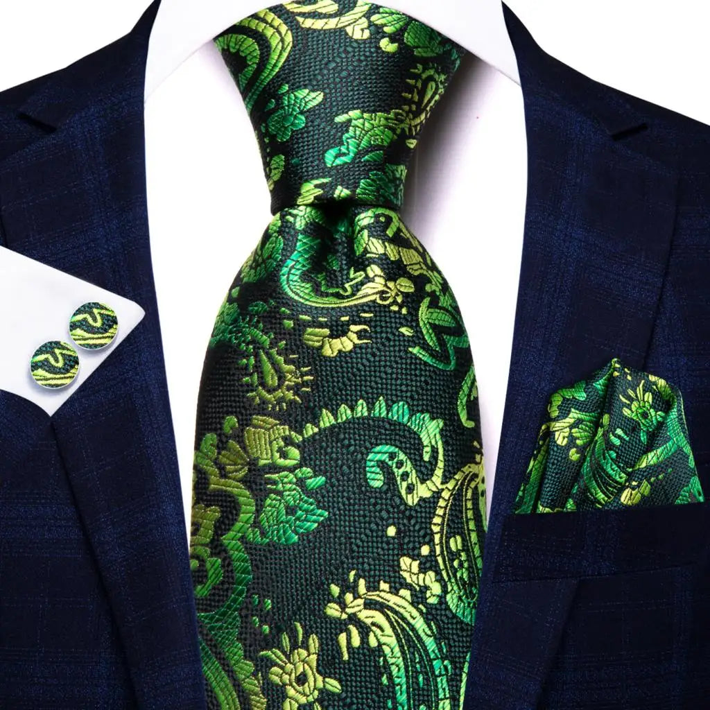 Men Green Ties Floral Tie Paisley Silk Necktie Pocket Square Set