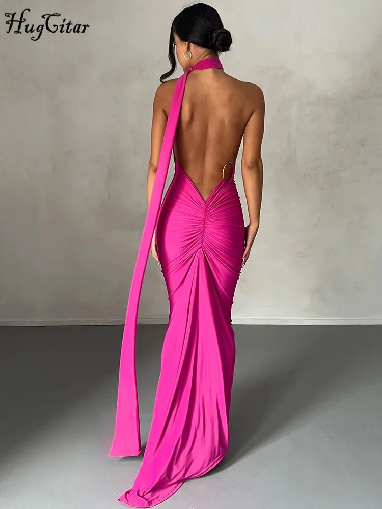 One Shoulder Backless Adjustable Scarf Loop Ruched Sexy Maxi Dress