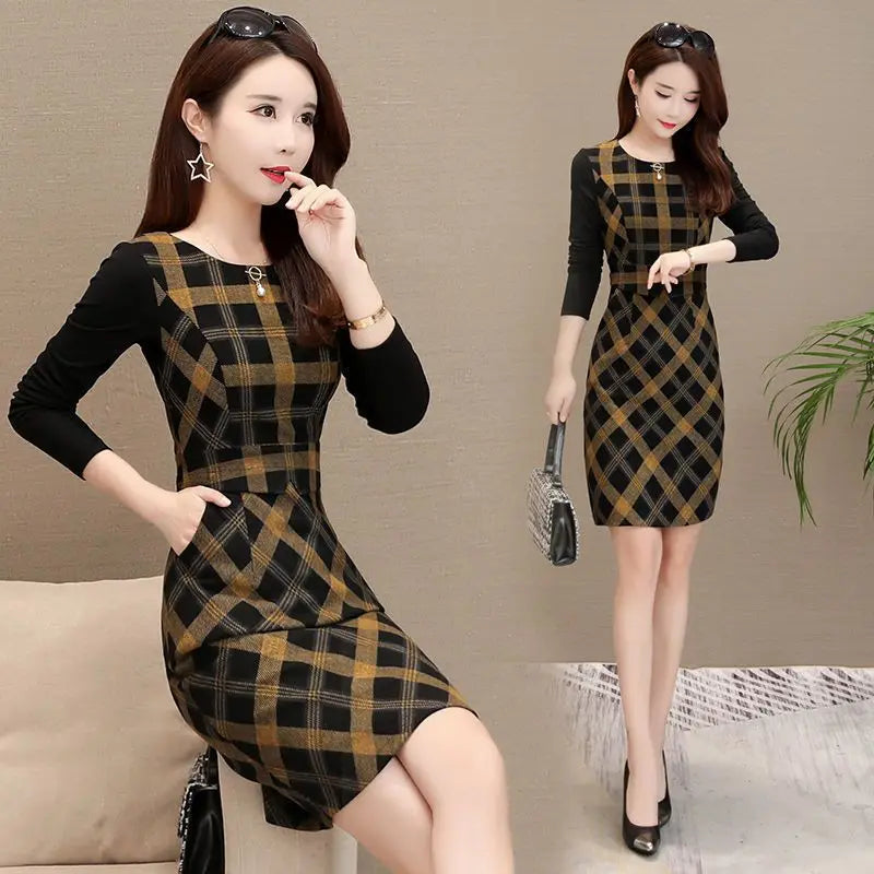 Spring and Autumn Round Neck Long Sleeve Panel Plaid Pockets Slim Midi Dress