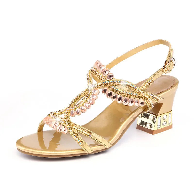 Fashion Open Toe Shining Rhinestone Buckle Thick High Heel Sandals