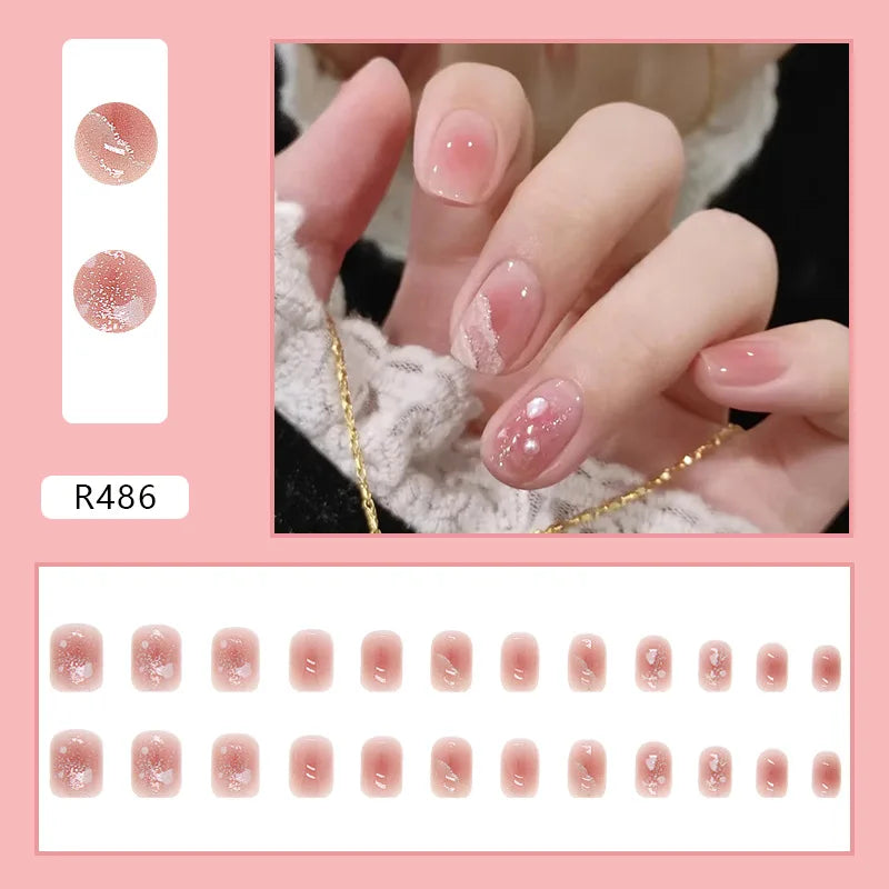 24Pcs French With Drill Short Fake Nails Press On Nail Tips