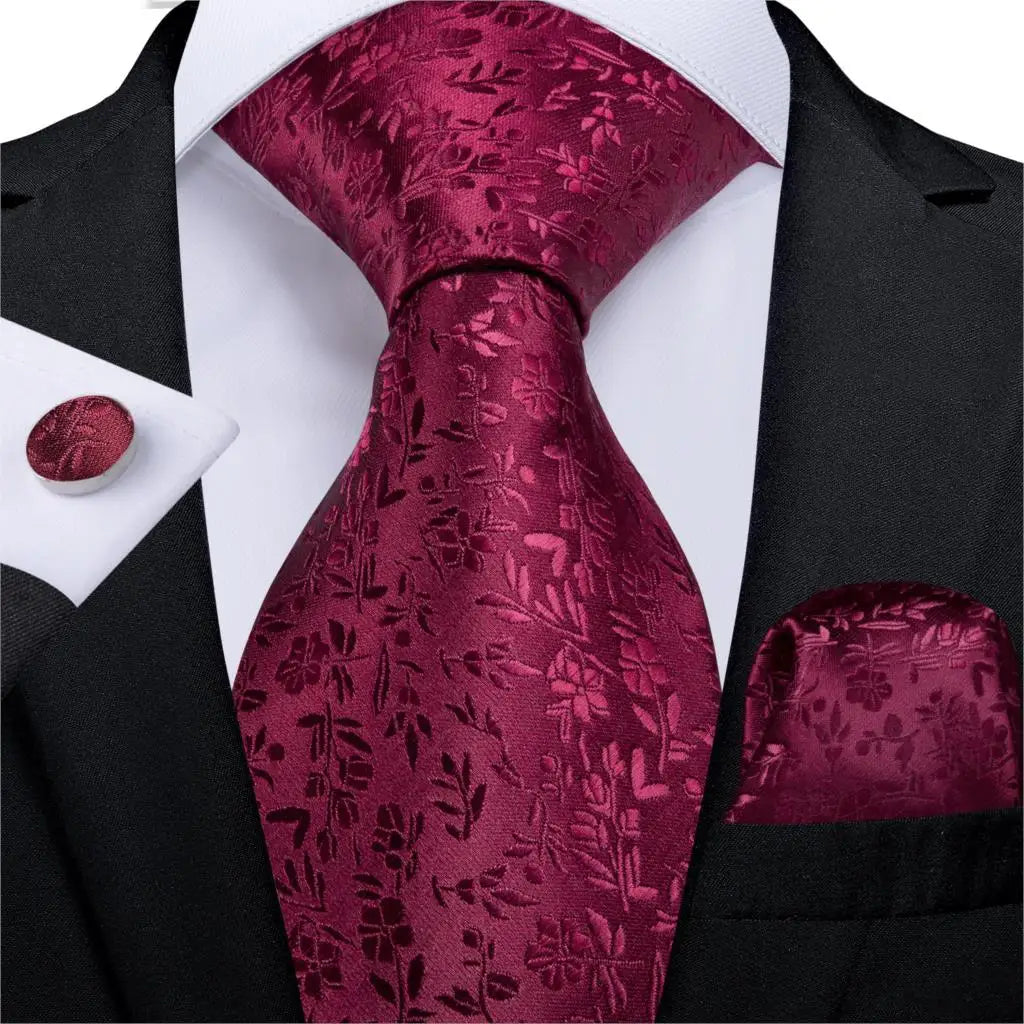 Red  Solid Striped Paisley Neckties Hanky Cufflinks Set For Men