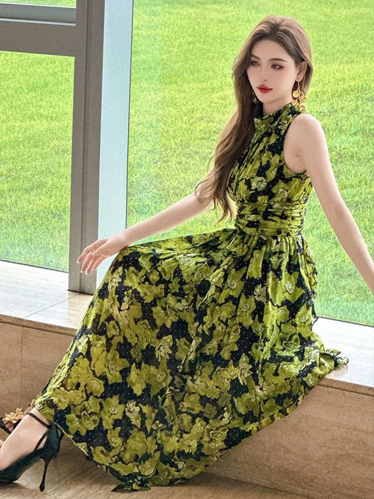 Beach Resort Style Green Flowers Print Chiffon Lace Up Bandage Waist Dress