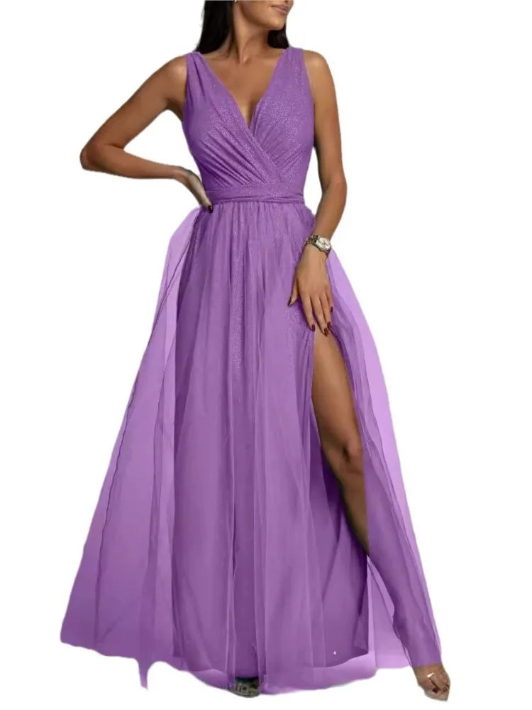 Elegant Solid Color Fine Sparkle V-neck Lace-up Mesh Slit Long Dress