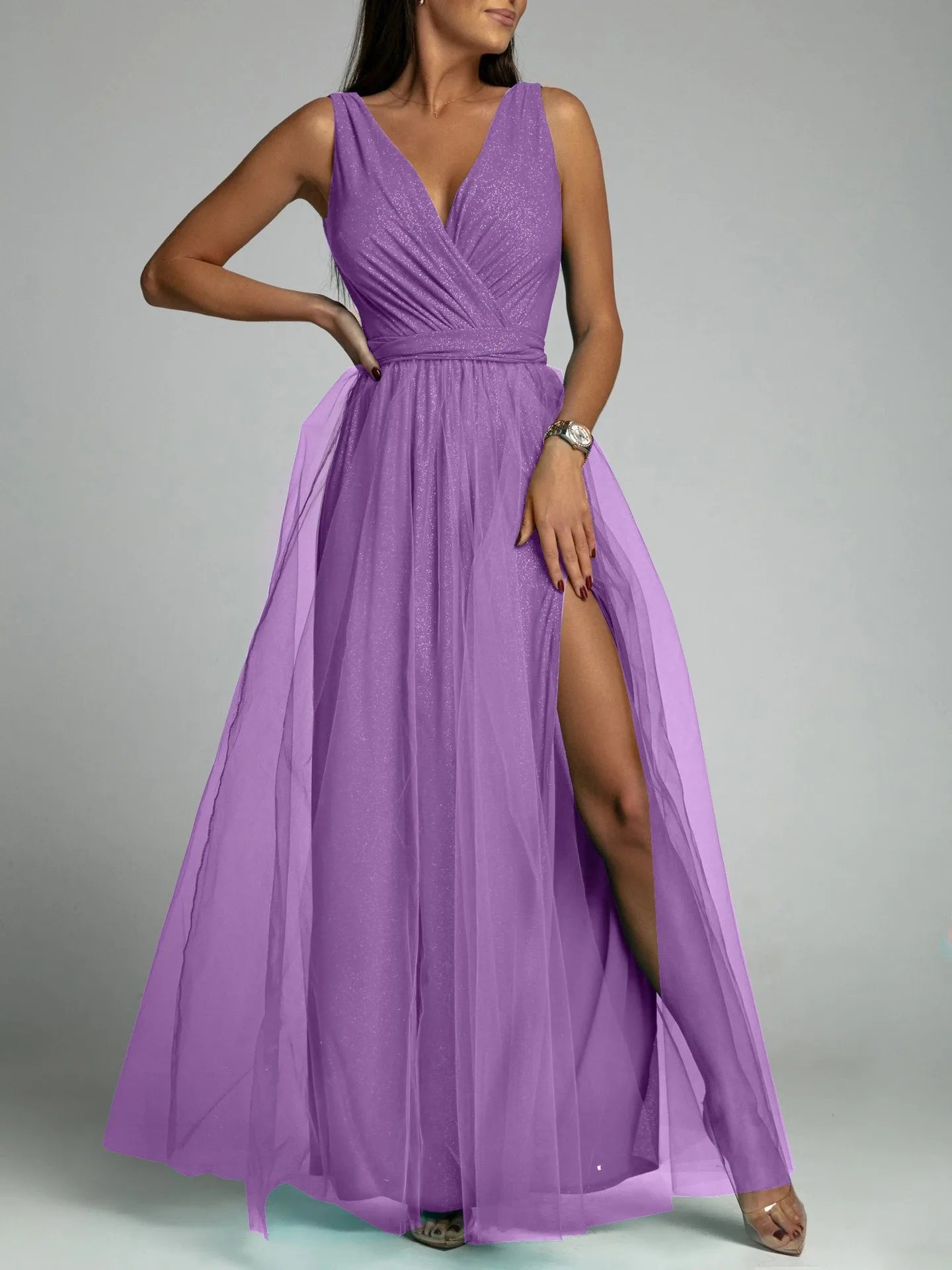 Elegant Solid Color Fine Sparkle V-neck Lace-up Mesh Slit Long Dress