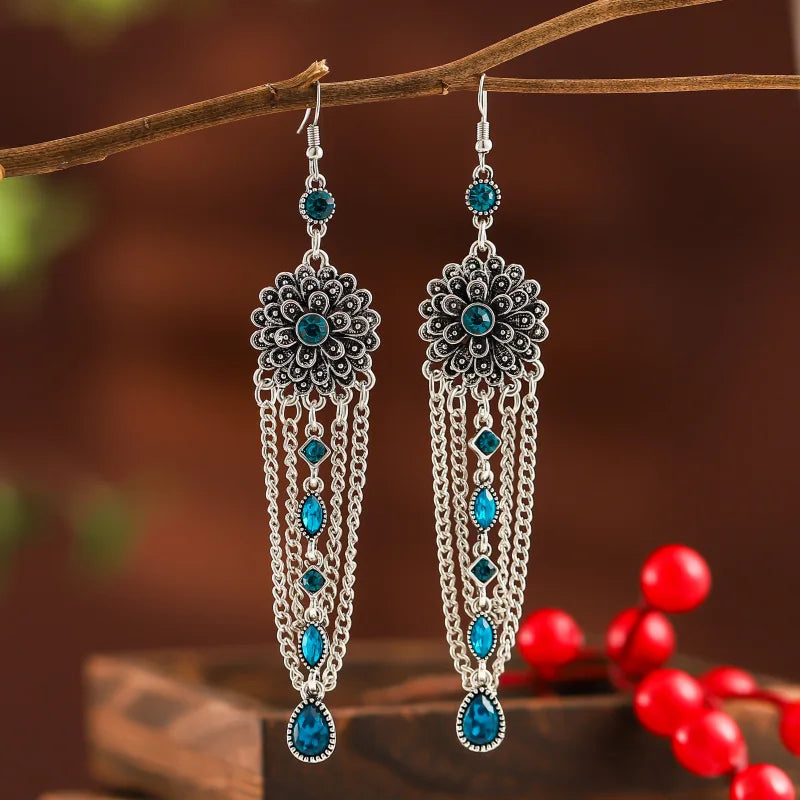 Bohemian Ethnic Long Blue Acrylic Crystal Water Drop Earrings